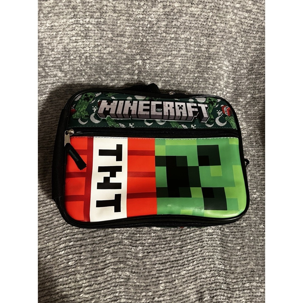 MINECRAFT INSULATED LUNCHBAG. 2 ZIPPERED POCKETS,SIDE NET POCKET, TOP HANDLE